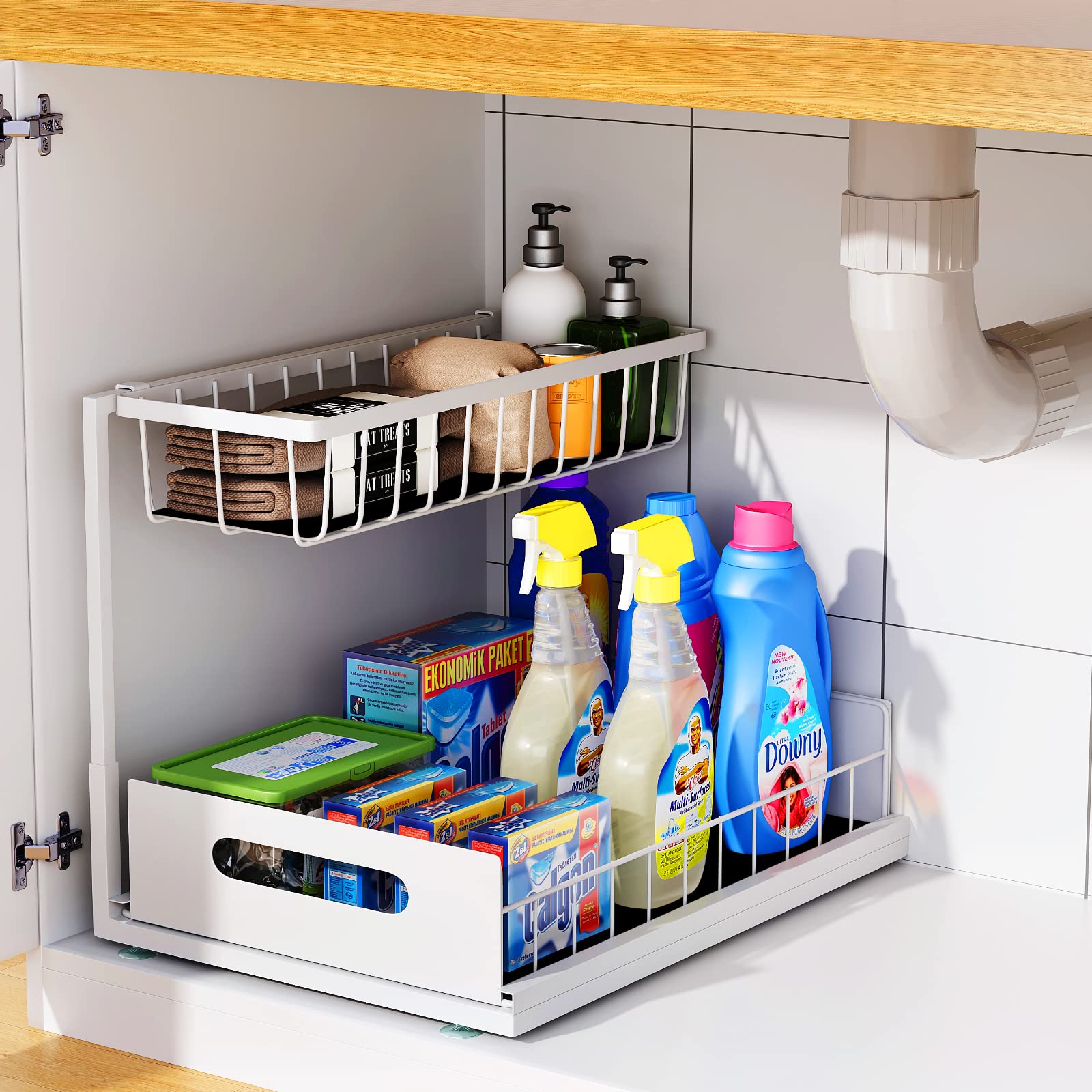 UINOFLE Under Sink Organizers and Storage 2 Tier Sliding Cabinet Basket Organizer Drawer Pull Out Cabinet Organizer Multi-Purpose Under Sink Organizer for Bathroom Kitchen (White)
