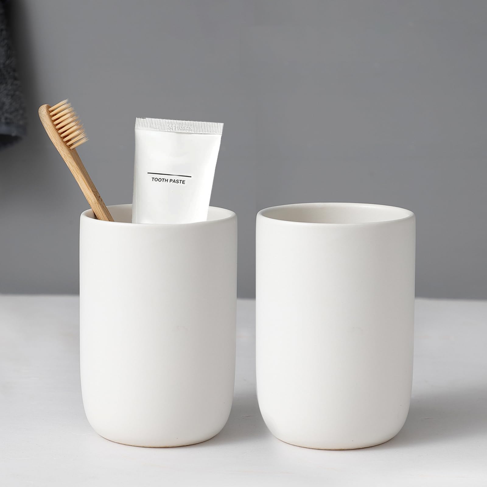 Toothbrush Holders for Bathrooms - 2 Cups Ceramic Toothbrush Toothpaste Holders Set White Bathroom Tumbler Cups Reusable Toothbrush Mouthwash Cup Bathroom Counter Organizer.
