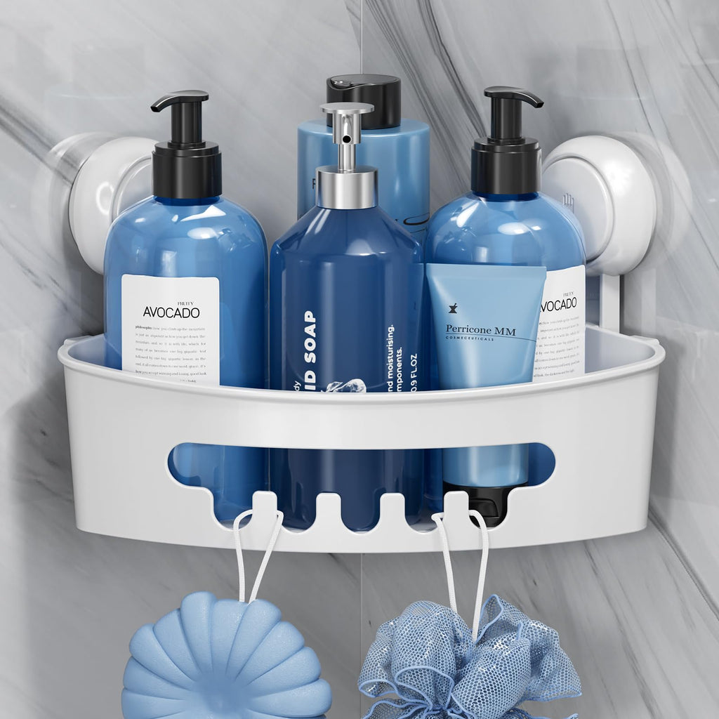 TAILI Corner Shower Caddy with Suction Cups Wall Mounted Shower Organizer Plastic Shower Rack for Small Bathrooms Kitchen Removable Drill-Free Heavy Duty Shower Shelf Shower Basket White