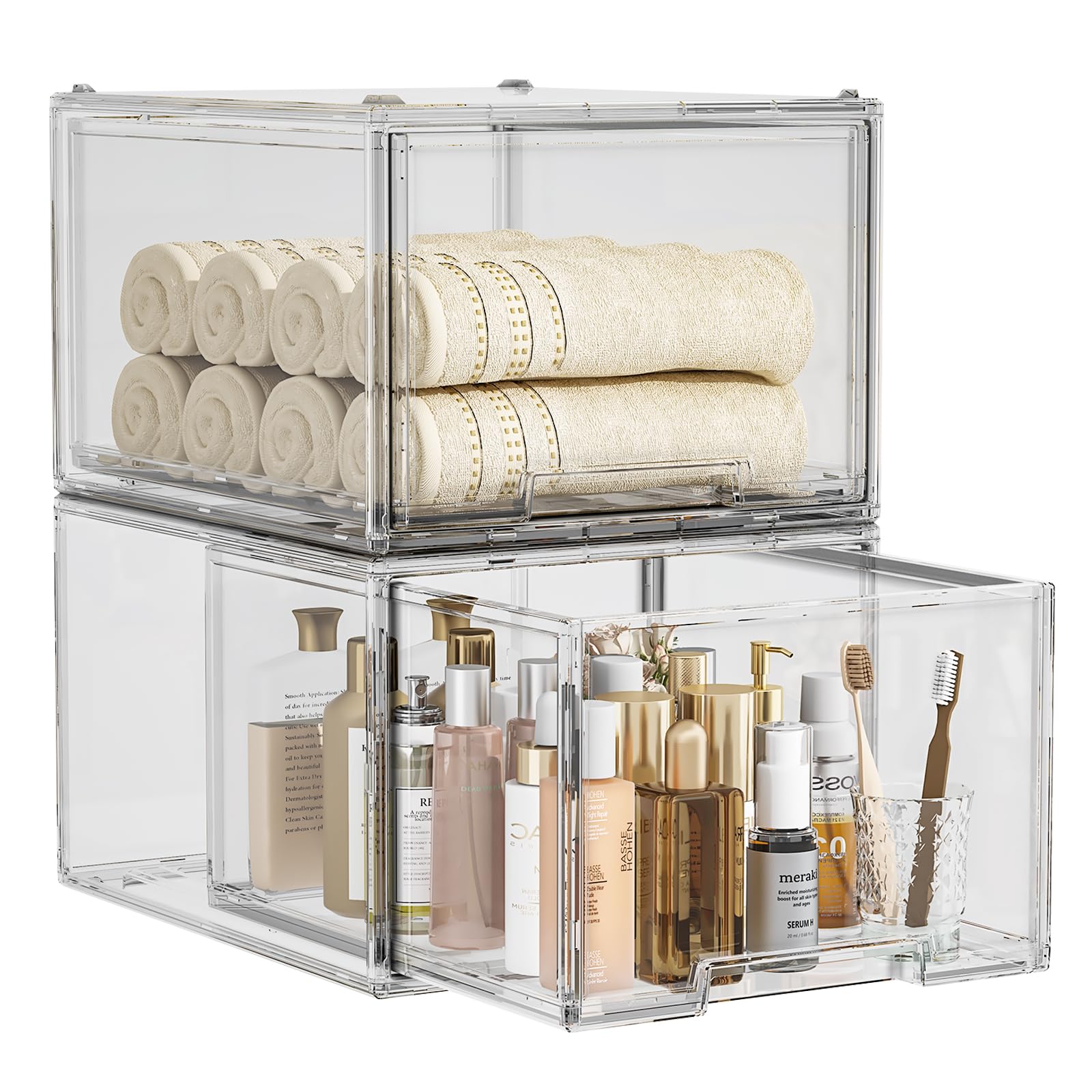 MSHOMELY 2 Pack Large Stackable Storage Drawers Clear Under Sink Organizers and Storage Arcylic Bathroom Makeup Organizers Plastic Storage Bins for Vanity Undersink Kitchen Cabinet Bathroom