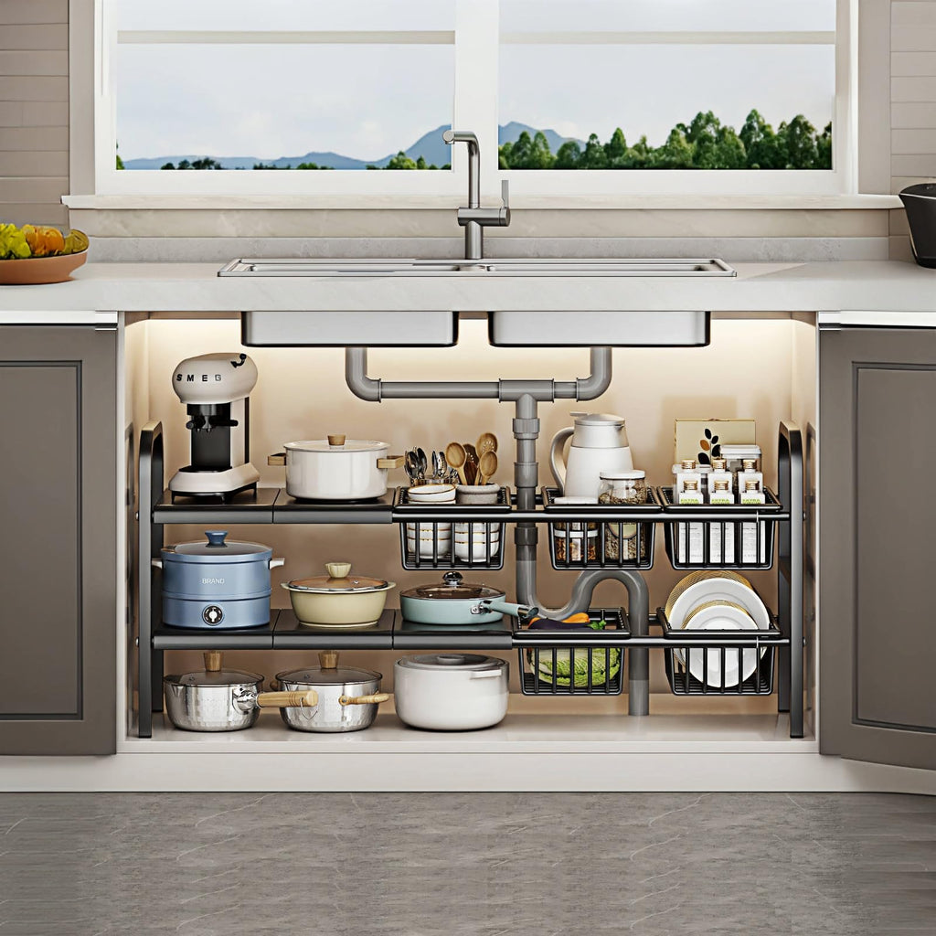 Fliqor Under Sink Organizer，2 Tier Expandable Heavy Duty Metal Shelf，with 5 Removable Panels and 5 Storage Basket for Under Kitchen Bathroom Sink Organizers and Storage(X-LargeBlack)