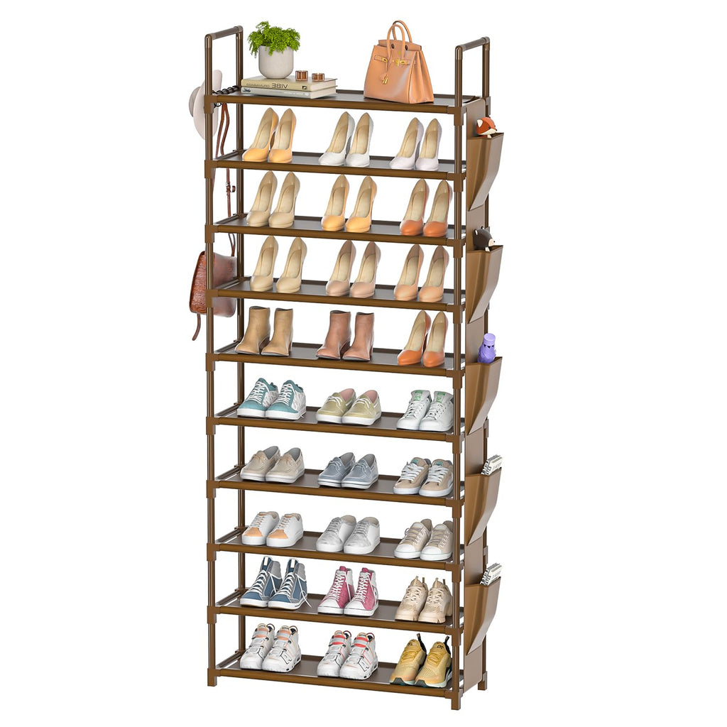 LUKYTOWER Tall Shoe Rack 10 Tier Shoe Racks Organizer for Closet 30-35PairsLarge Capacity Storage Rack for Shoes with 5Hooks and Side PocketSturdy Metal Shoe Shelf Vertical Shoe Stand Tower