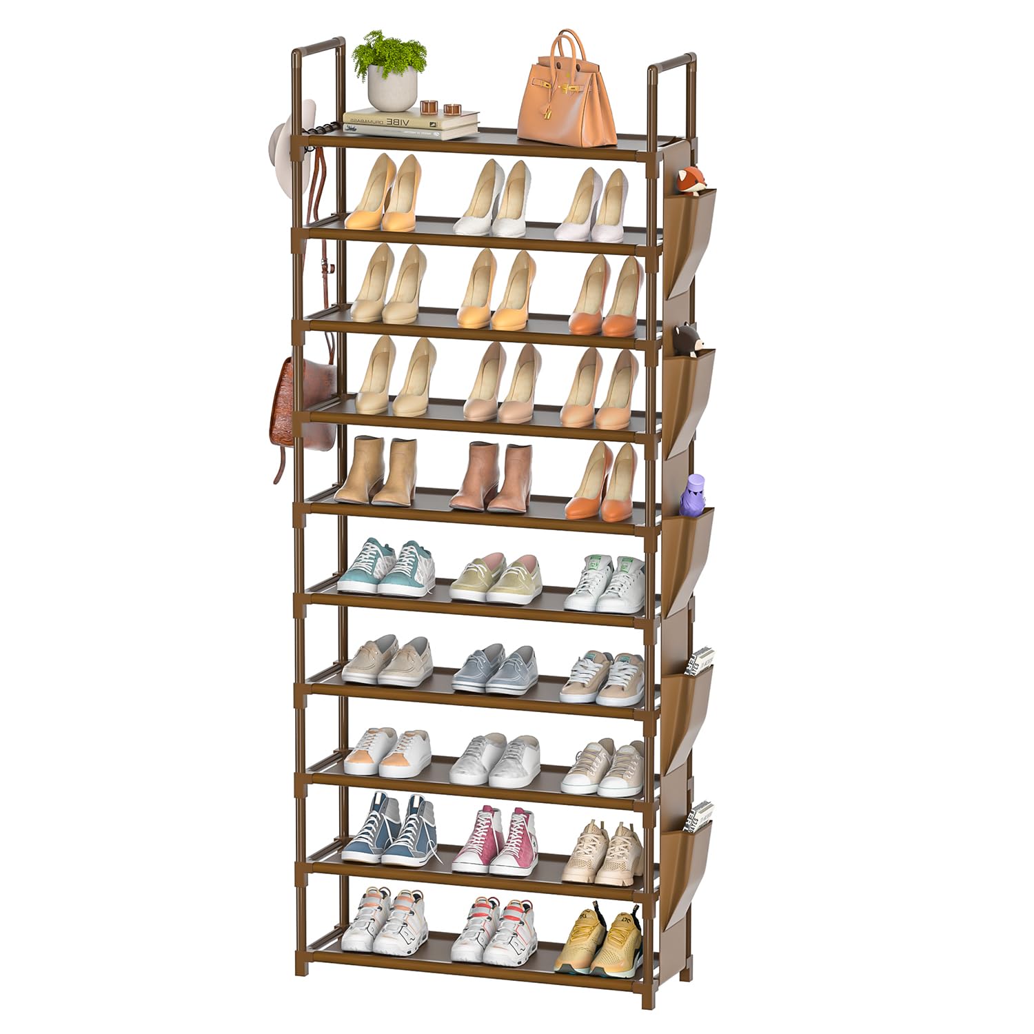 LUKYTOWER Tall Shoe Rack 10 Tier Shoe Racks Organizer for Closet 30-35PairsLarge Capacity Storage Rack for Shoes with 5Hooks and Side PocketSturdy Metal Shoe Shelf Vertical Shoe Stand Tower