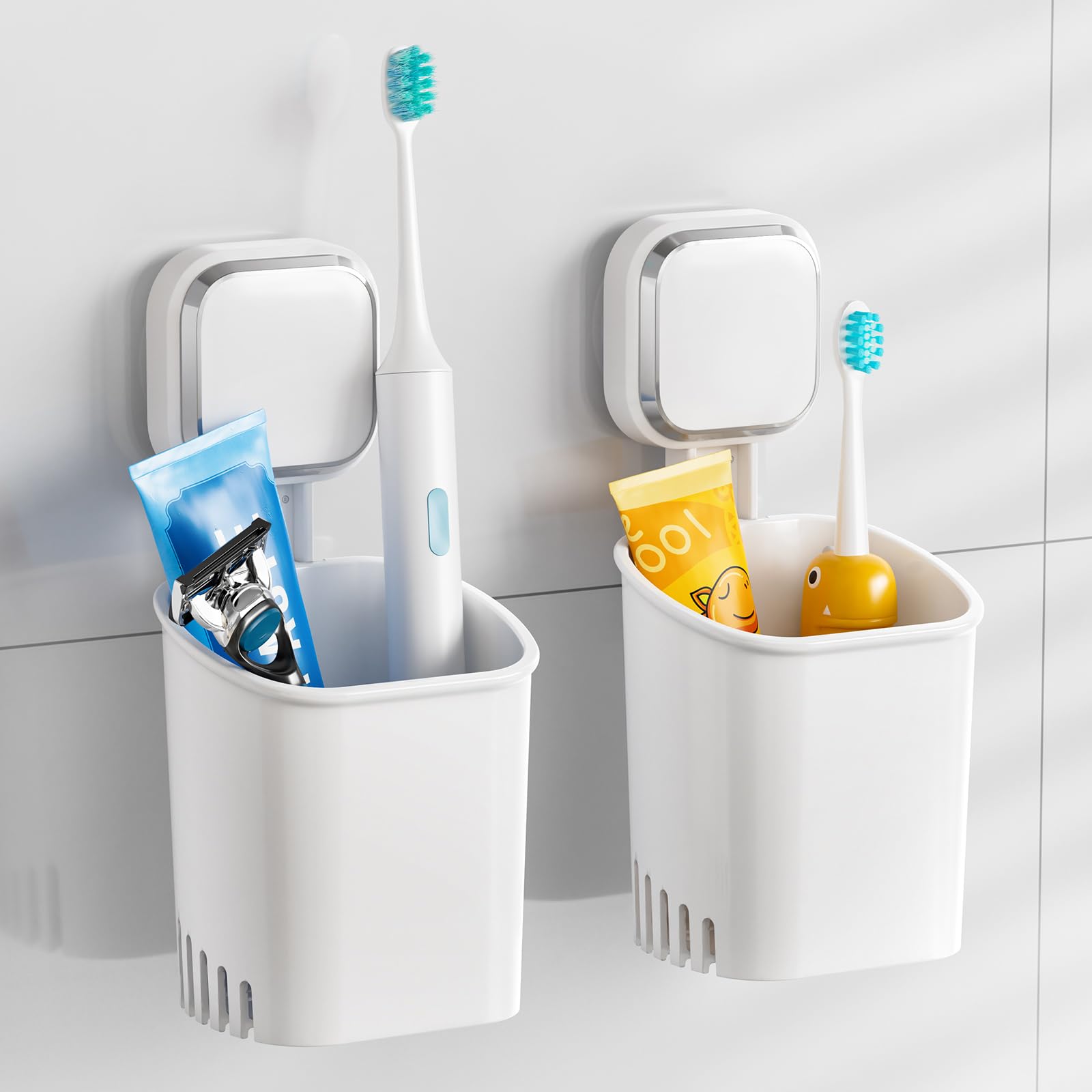 TAILI 2 Pack Suction Toothbrush Holder for Shower Wall No Nail No Glue! Self-draining Shower Cup for Toothpaste Toothbrush Kitchen Tableware Strong Suction Cup Razor Holders for Bathroom White