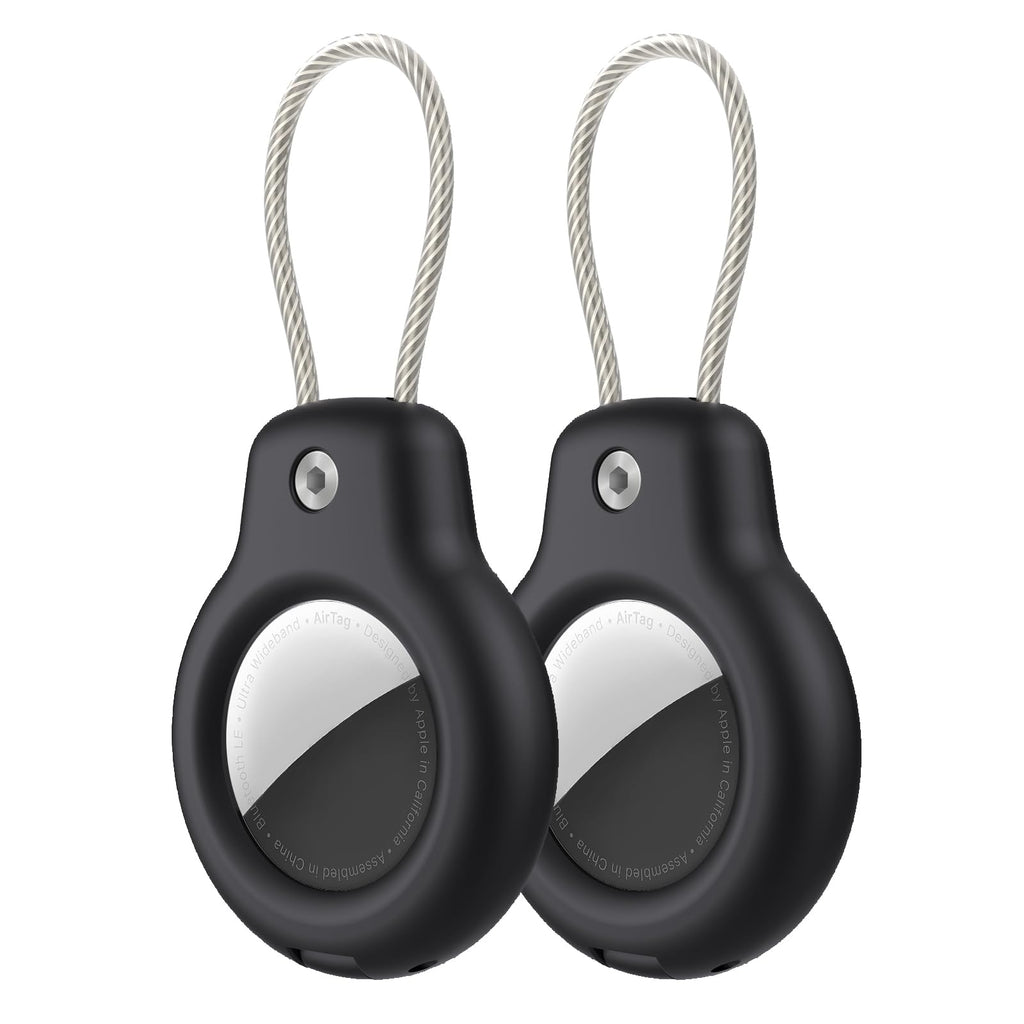 Compatible with Apple AirTag Holder with Key Ring Wire Cable 2 Pack Protective Air Tag Case Keychain Secure Holders for KeysBackpacksLuggage & More Black/Black