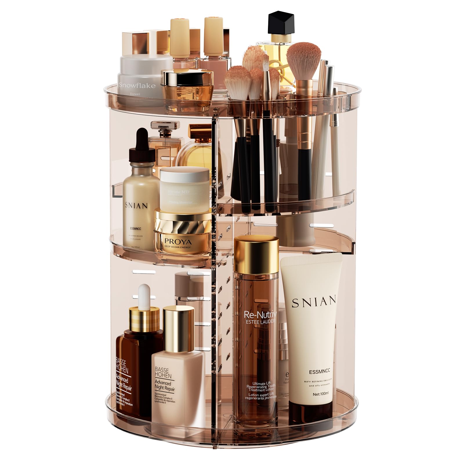 Rotating Makeup Organizer Countertop DIY Adjustable Trays Spinning Skincare Organizers Cosmetic Display Shelf with Perfume & Brush Holder Multi-Function Desk Storage Carousel for Vanity Bathroom