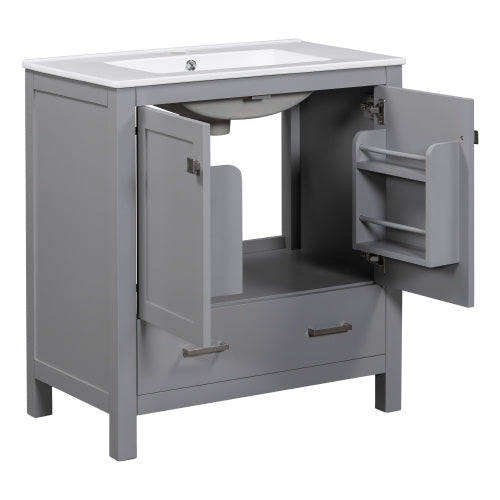 30  Gray Bathroom Vanity With Single Sink, Combo Cabinet Undermount Sink, Bathroom Storage Cabinet With 2 Doors And A Drawer, Soft Closing, Multifunctional Storage, Solid Wood Frame