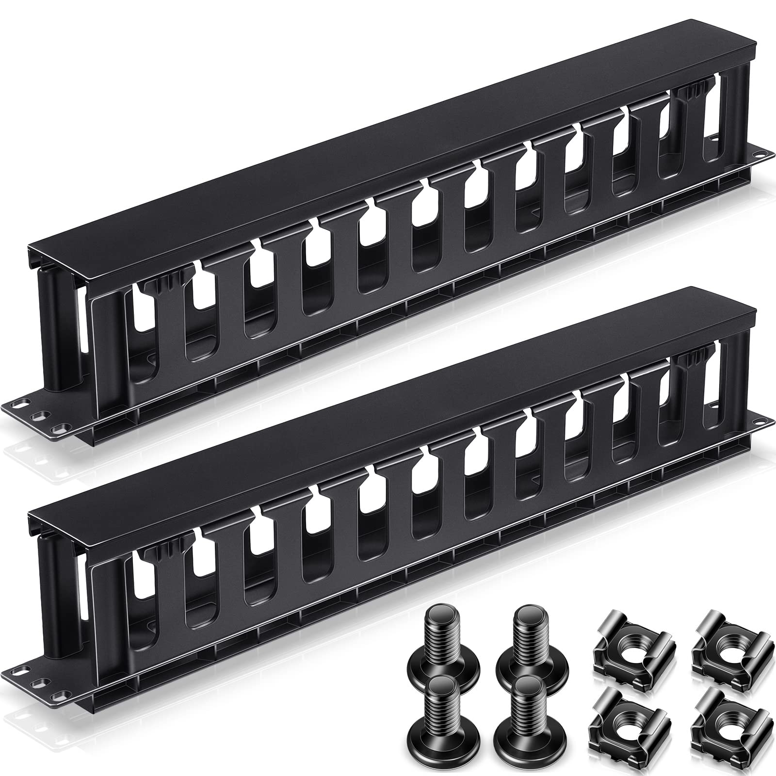 4 Packs 1U Rack Cable Management Sleeves Horizontal Rack Mount Cable Management 12 Slot Cable Management Clips Cable Rack with Panel Cover 19 Inch for Wall Shelf Mount (Elegant Style Plastic)