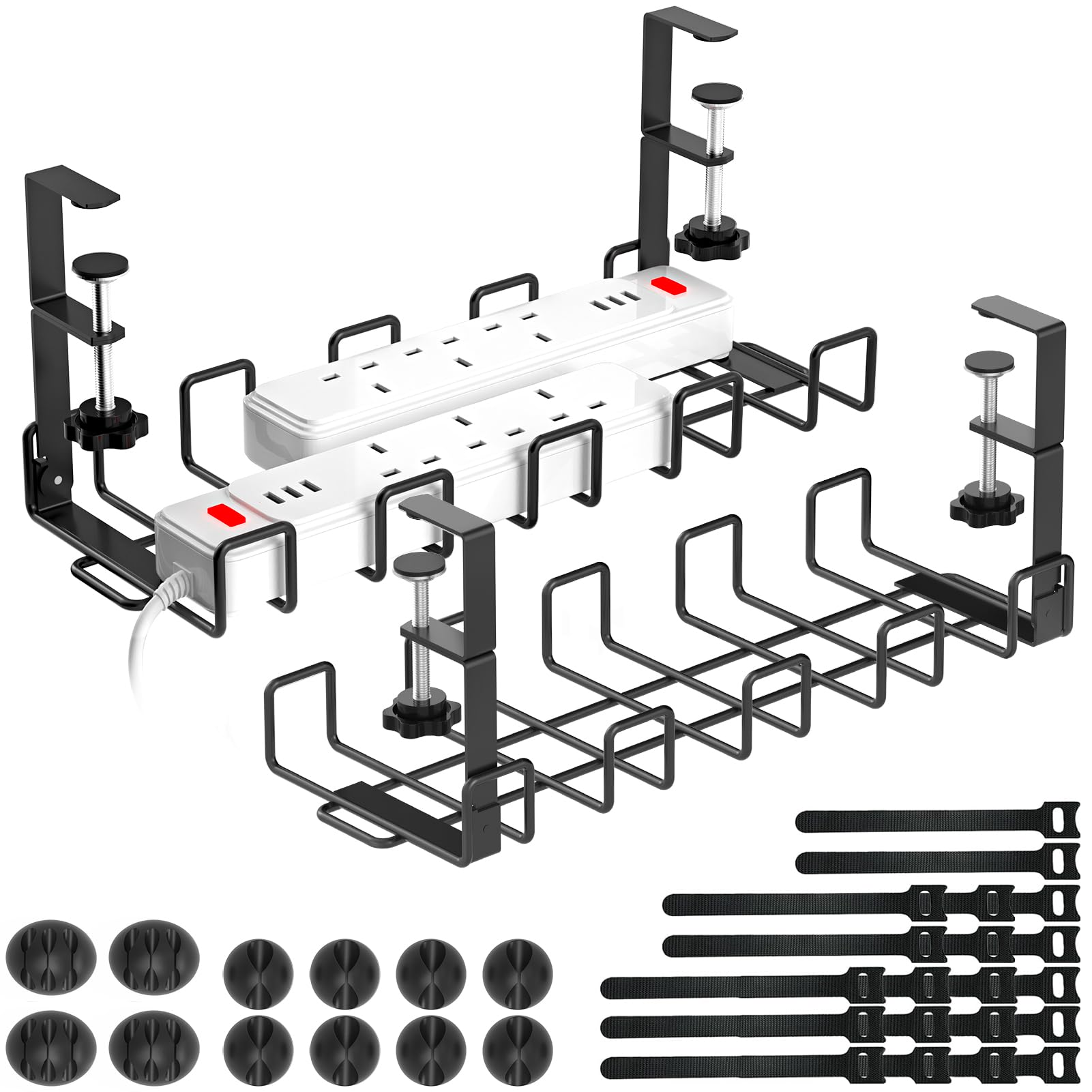Spacecare Under Desk Cable Management Tray Cable Management Under Desk for Cord Organizer15.7" No Drill Wire Organizer Cable Management Tray Cable Tray Organizer with Clamp for Desk Black 2 Pack