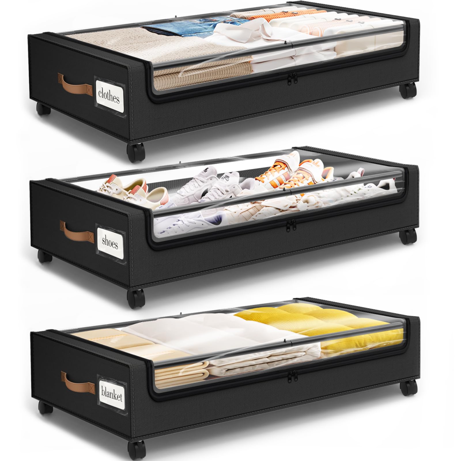 SpaceHacks Under Bed Storage with Wheels 3Pack Storage Containers with Clear Window&Label Under Bed Drawers Rolling Under Bed Storage for ClothesShoes Blankets (30.71 x 16.93 x 6.69 in Black)