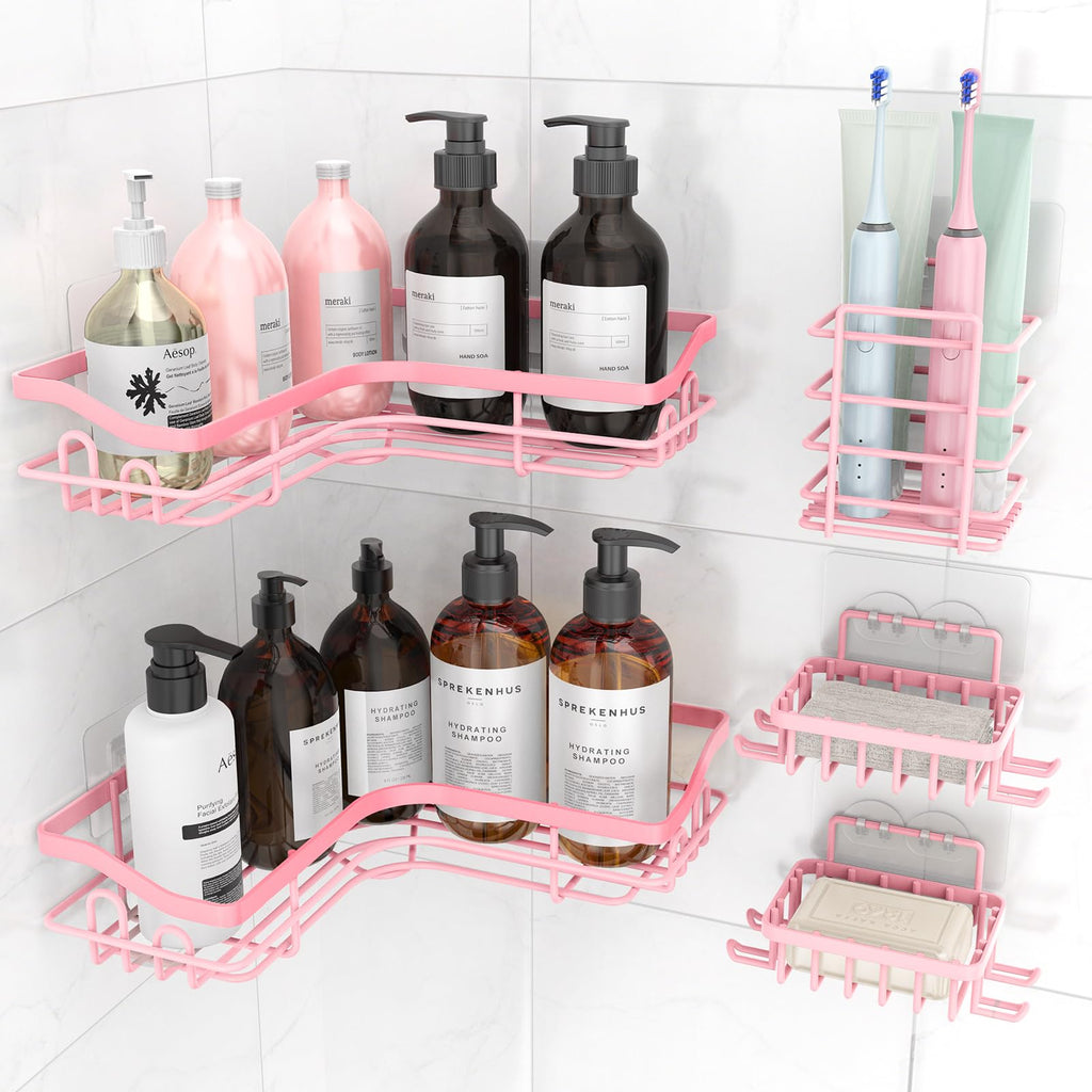 Hsiohe Pink Corner Shower Caddy Adhesive Shower Organizer for Bathroom Storage Rustproof Stainless Steel Shower Shelves No Drilling Space-Saving Shower Rack Shelf for Inside Shower 5 Pack