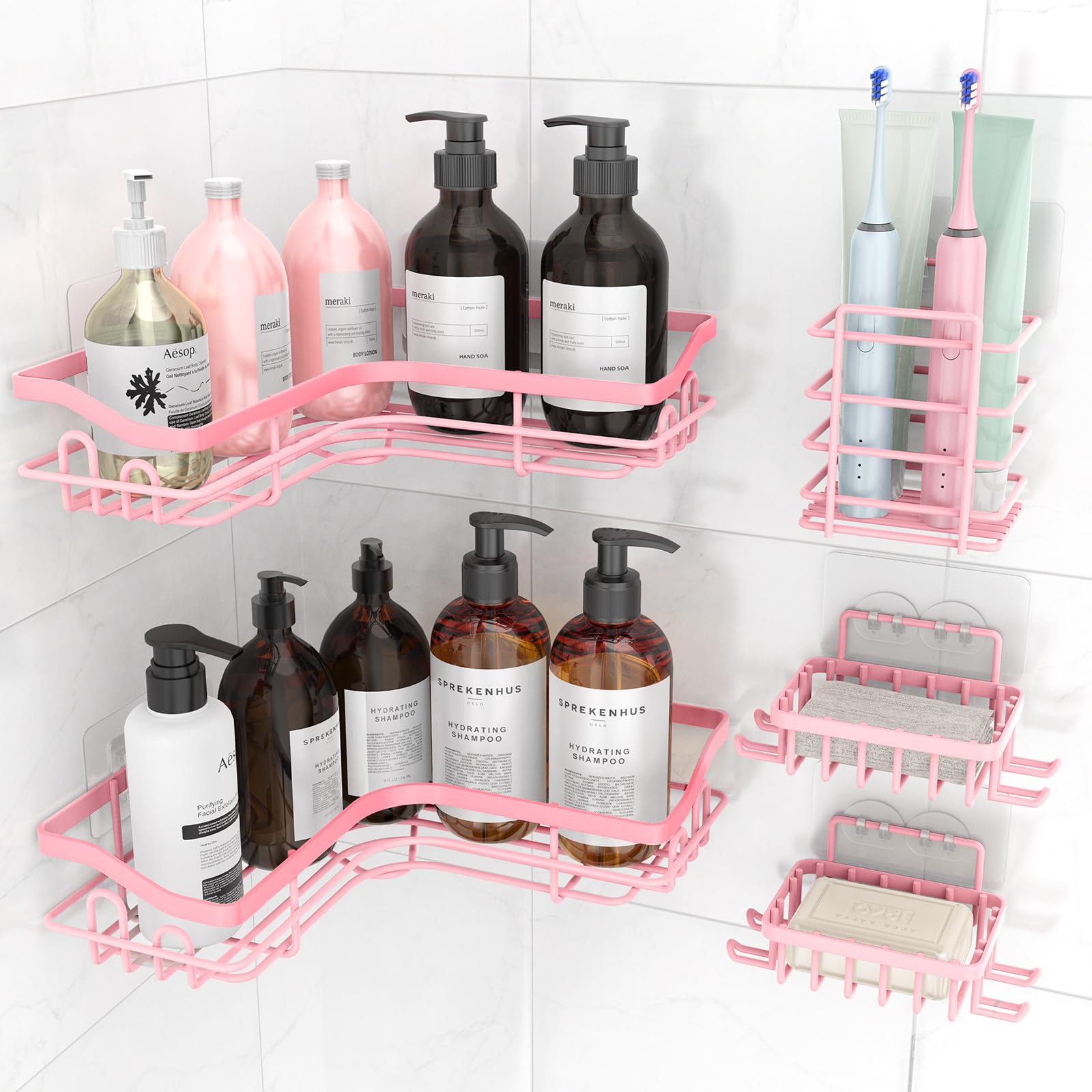Hsiohe Pink Corner Shower Caddy Adhesive Shower Organizer for Bathroom Storage Rustproof Stainless Steel Shower Shelves No Drilling Space-Saving Shower Rack Shelf for Inside Shower 5 Pack