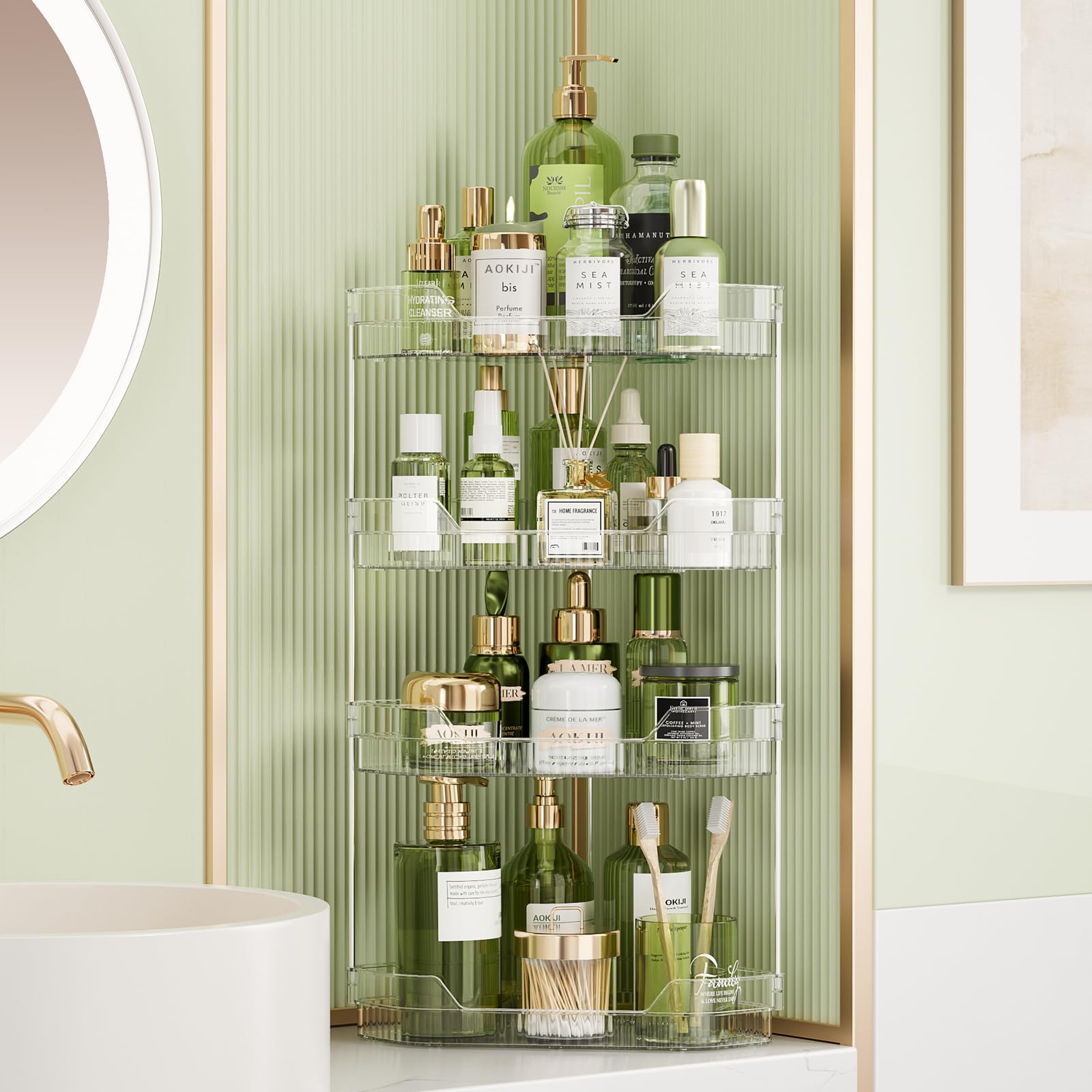 TidyStash 4-Tier Corner Bathroom Counter Organizer Diamond-Shaped Bathroom Countertop Organizers and Storage Corner Makeup Organizer Corner Vanity Organizer for Skincare Perfume Cosmetics Clear