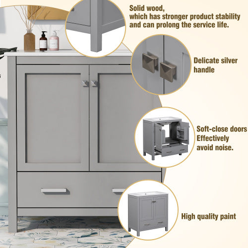 30  Gray Bathroom Vanity With Single Sink, Combo Cabinet Undermount Sink, Bathroom Storage Cabinet With 2 Doors And A Drawer, Soft Closing, Multifunctional Storage, Solid Wood Frame
